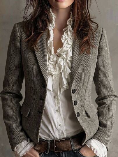 Solivie Chaqueta Blazer de Mezcla de Lana para Mujer, Patrón de Espiga Marrón, Ropa Elegante Romántica Retro de Moda para Otoño e Invierno, Salidas, Oficina y Trabajo