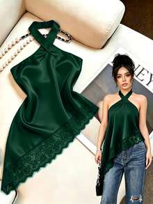 SHEIN Clasi 女款性感蕾絲拼接不對稱下擺背心 - 墨綠色 - 查看 1
