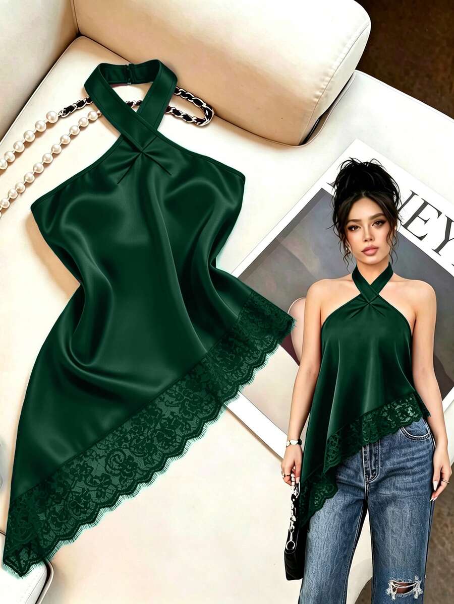 SHEIN Clasi 女款性感蕾絲拼接不對稱下擺背心 - 墨綠色 - 查看 1