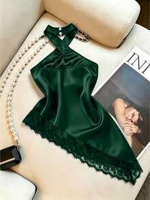 SHEIN Clasi 女款性感蕾絲拼接不對稱下擺背心 - 墨綠色 - 查看 2