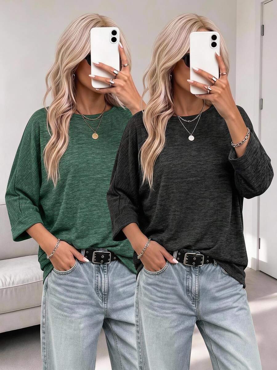 EMERY ROSE Women's Crew-Neck Batwing-Sleeve Loose-Fit Casual T-Shirt (2-Pack) - Multicolor - View 1