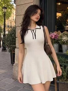 SHEIN MOD Women's Contrast Color Button Half-Placket Sleeveless Knit Dress, Fall/Winter,Elegant Dresses,Halloween ,Christmas , Party,Going Out,Halloween - Black and White - View 3