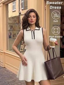 SHEIN MOD Women's Contrast Color Button Half-Placket Sleeveless Knit Dress, Fall/Winter,Elegant Dresses,Halloween ,Christmas , Party,Going Out,Halloween - Black and White - View 1