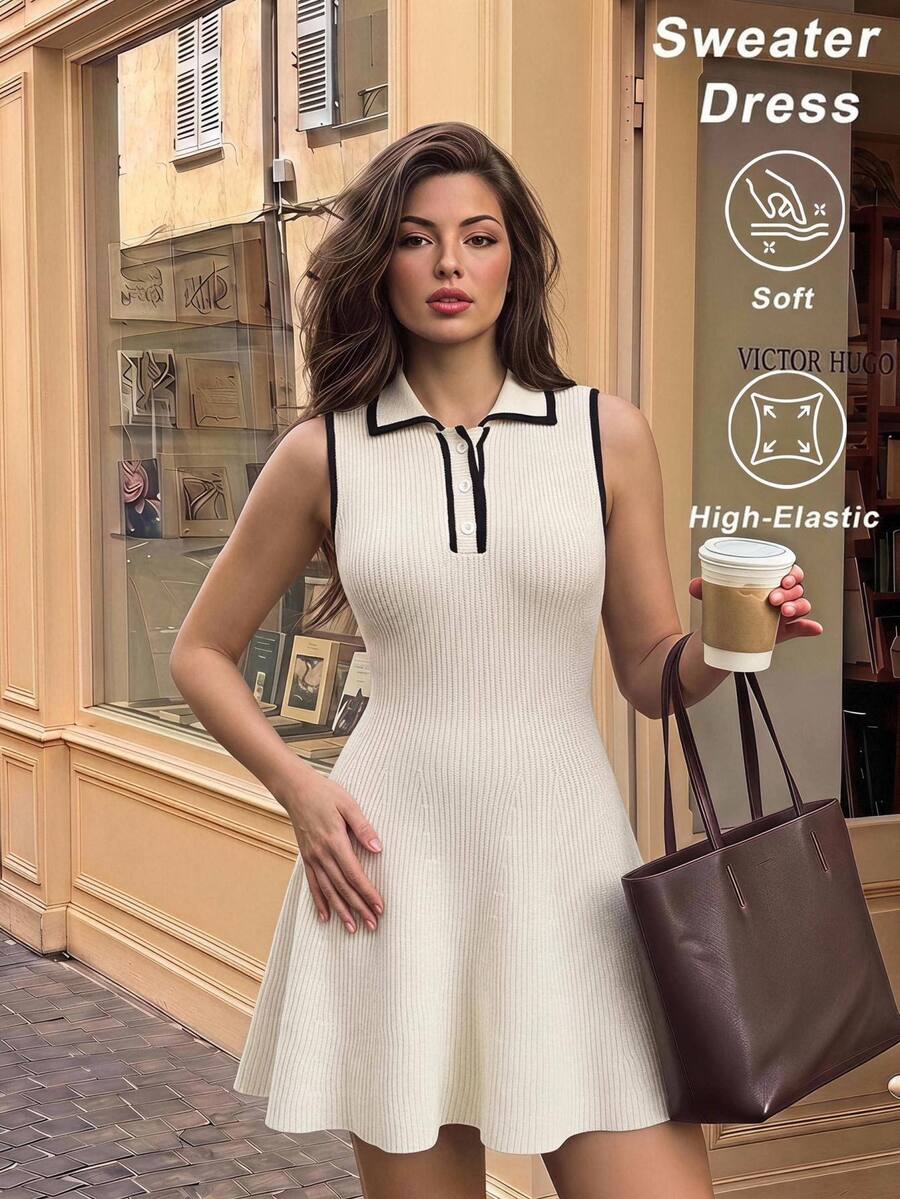 SHEIN MOD Women's Contrast Color Button Half-Placket Sleeveless Knit Dress, Fall/Winter,Elegant Dresses,Halloween ,Christmas , Party,Going Out,Halloween - Black and White - View 1