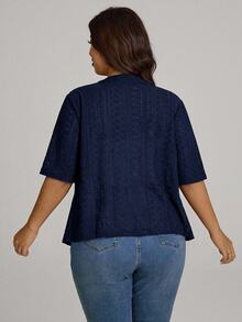 Comfylo Plus Size Women's Knitted Jacquard Short Sleeve Open Front Cardigan Formal Office Navy Summer Casual Elegant - Navy Blue - View 2