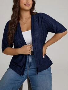 Comfylo Plus Size Women's Knitted Jacquard Short Sleeve Open Front Cardigan Formal Office Navy Summer Casual Elegant - Navy Blue - View 4