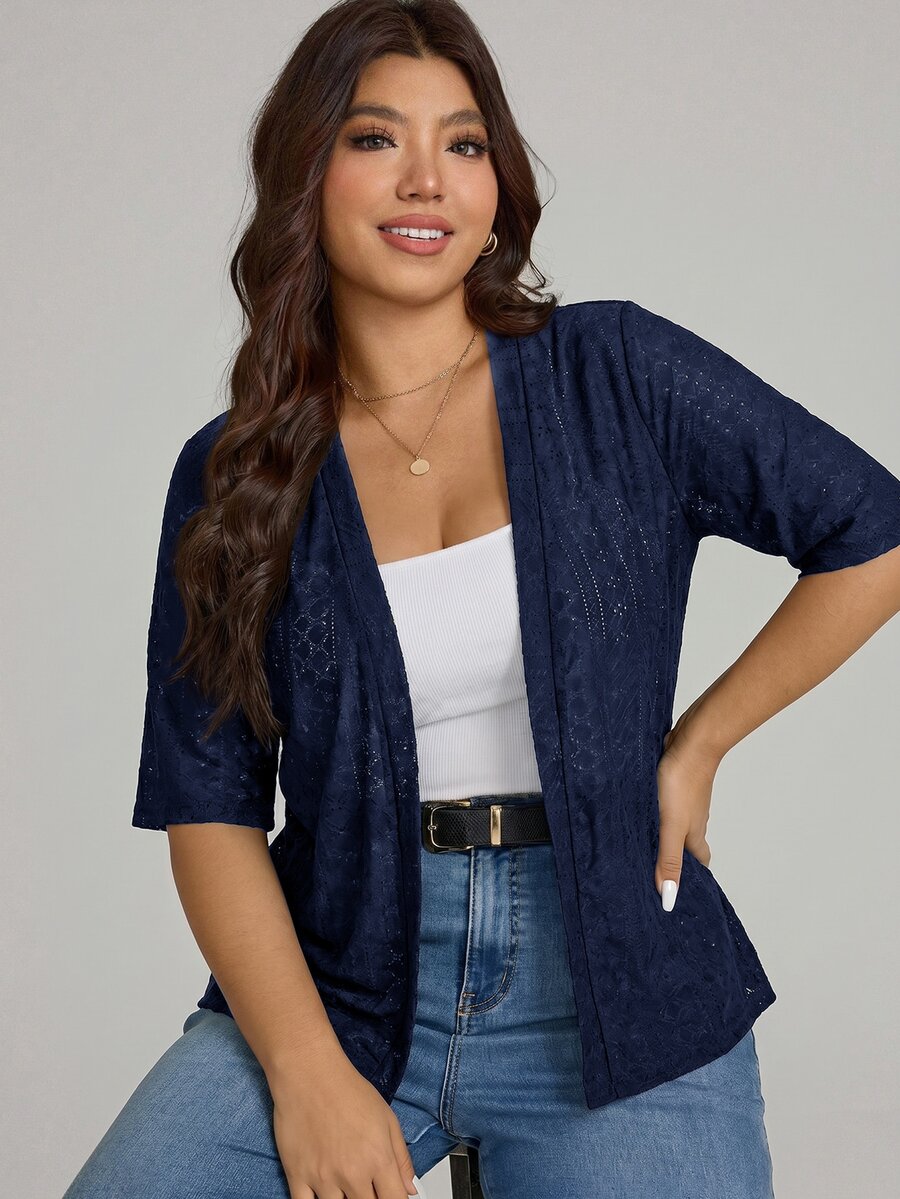 Comfylo Plus Size Women's Knitted Jacquard Short Sleeve Open Front Cardigan Formal Office Navy Summer Casual Elegant - Navy Blue - View 1
