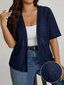 Comfylo Plus Size Women's Knitted Jacquard Short Sleeve Open Front Cardigan Formal Office Navy Summer Casual Elegant - Navy Blue - View 3