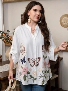 Lacomfia Women's Long Sleeve Stand Collar 3D Printed Minimalist Elegant Versatile Plus Size Shirt Vacation Formal All White Autumn - Multicolor - View 1