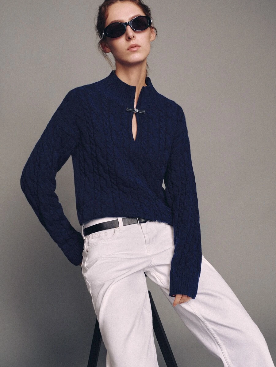 MOTF PREMIUM Chinese Style Small Stand Collar Loose Cable Knit Sweater - Navy Blue - View 2