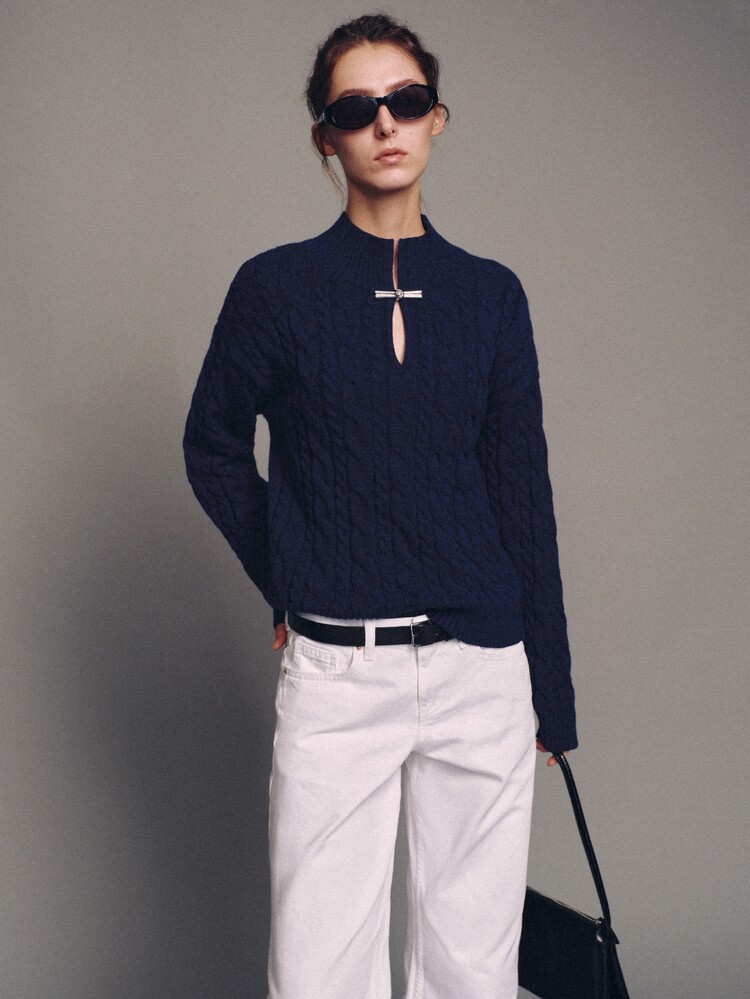 MOTF PREMIUM Chinese Style Small Stand Collar Loose Cable Knit Sweater - Navy Blue - View 5