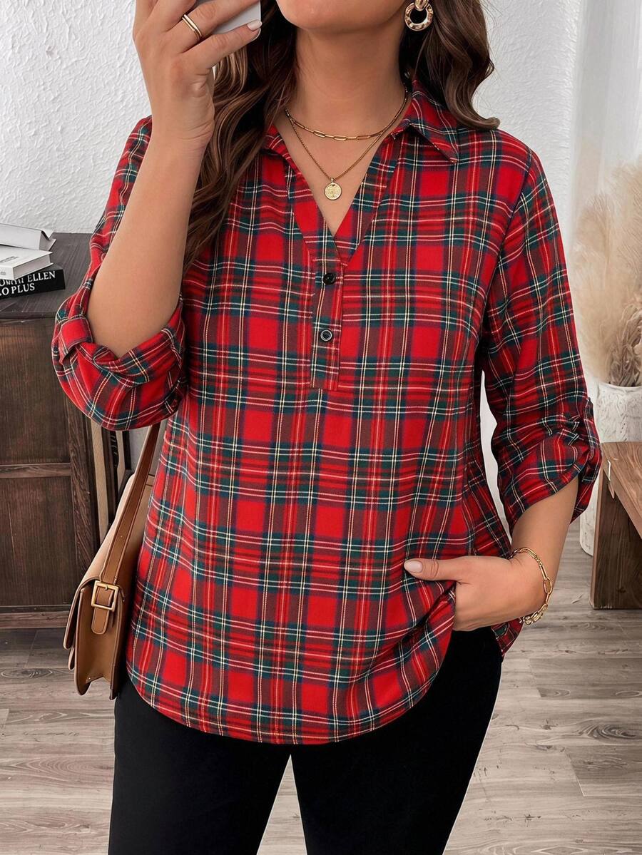 SHEIN LUNE Plus Size Leopard Print Mid-Sleeve Shirt - Red - View 1