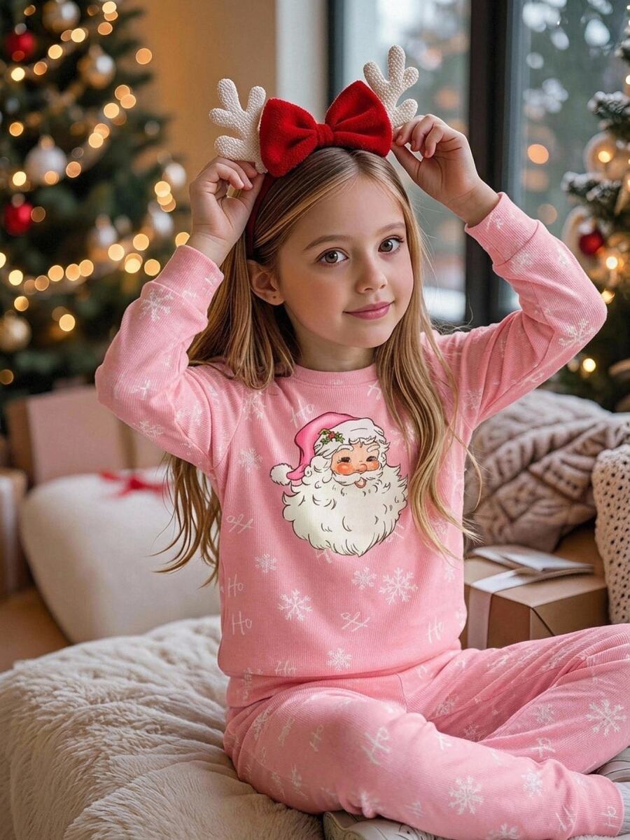 SHEIN Tween Girls Tween Girl Autumn Winter Christmas Cute Fashion Versatile Party Long Sleeve Pants Set Daily Home Wear Slim Fit - Multicolor - View 1