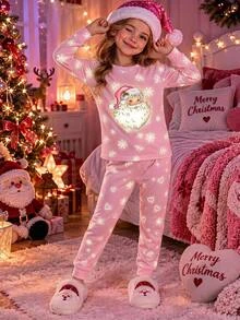 SHEIN Tween Girls Tween Girl Autumn Winter Christmas Cute Fashion Versatile Party Long Sleeve Pants Set Daily Home Wear Slim Fit - Multicolor - View 16