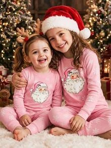 SHEIN Tween Girls Tween Girl Autumn Winter Christmas Cute Fashion Versatile Party Long Sleeve Pants Set Daily Home Wear Slim Fit - Multicolor - View 4