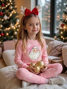 SHEIN Tween Girls Tween Girl Autumn Winter Christmas Cute Fashion Versatile Party Long Sleeve Pants Set Daily Home Wear Slim Fit - Multicolor - View 3