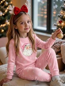 SHEIN Tween Girls Tween Girl Autumn Winter Christmas Cute Fashion Versatile Party Long Sleeve Pants Set Daily Home Wear Slim Fit - Multicolor - View 2