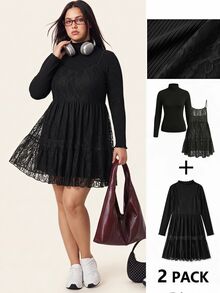 Comfortcana Plus Size Autumn/Winter Lace Camisole Dress & High Neck Cotton T-Shirt Black Set - Black - View 1