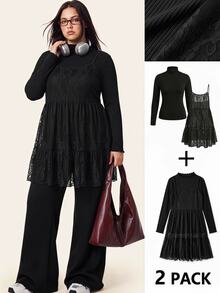 Comfortcana Plus Size Autumn/Winter Lace Camisole Dress & High Neck Cotton T-Shirt Black Set - Black - View 8