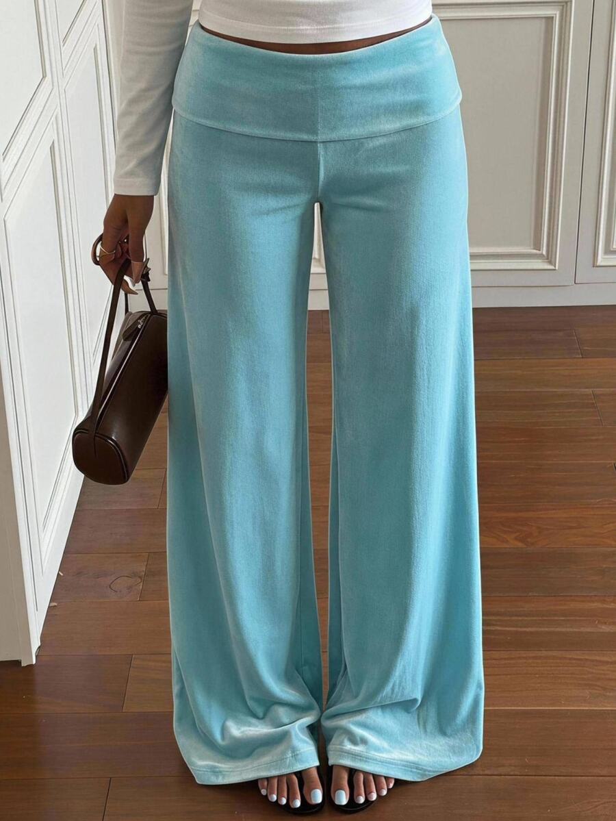 SHEIN EZwear 女款舒適百褶長褲,簡約休閒日常穿著,適合工作與日常,天藍色,秋季款 - 彩色 - 查看 1