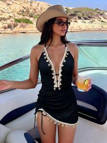Swim Oasis Women Solid Color Spaghetti Strap Front Shell Chain Decor Two Pieces Swimsuit,Black And Beige,Summer,Casual,Beach,Holiday,Vacation,Holiday Pool Outfit - Black - View 2