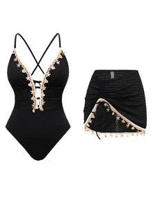 Swim Oasis Women Solid Color Spaghetti Strap Front Shell Chain Decor Two Pieces Swimsuit,Black And Beige,Summer,Casual,Beach,Holiday,Vacation,Holiday Pool Outfit - Black - View 1