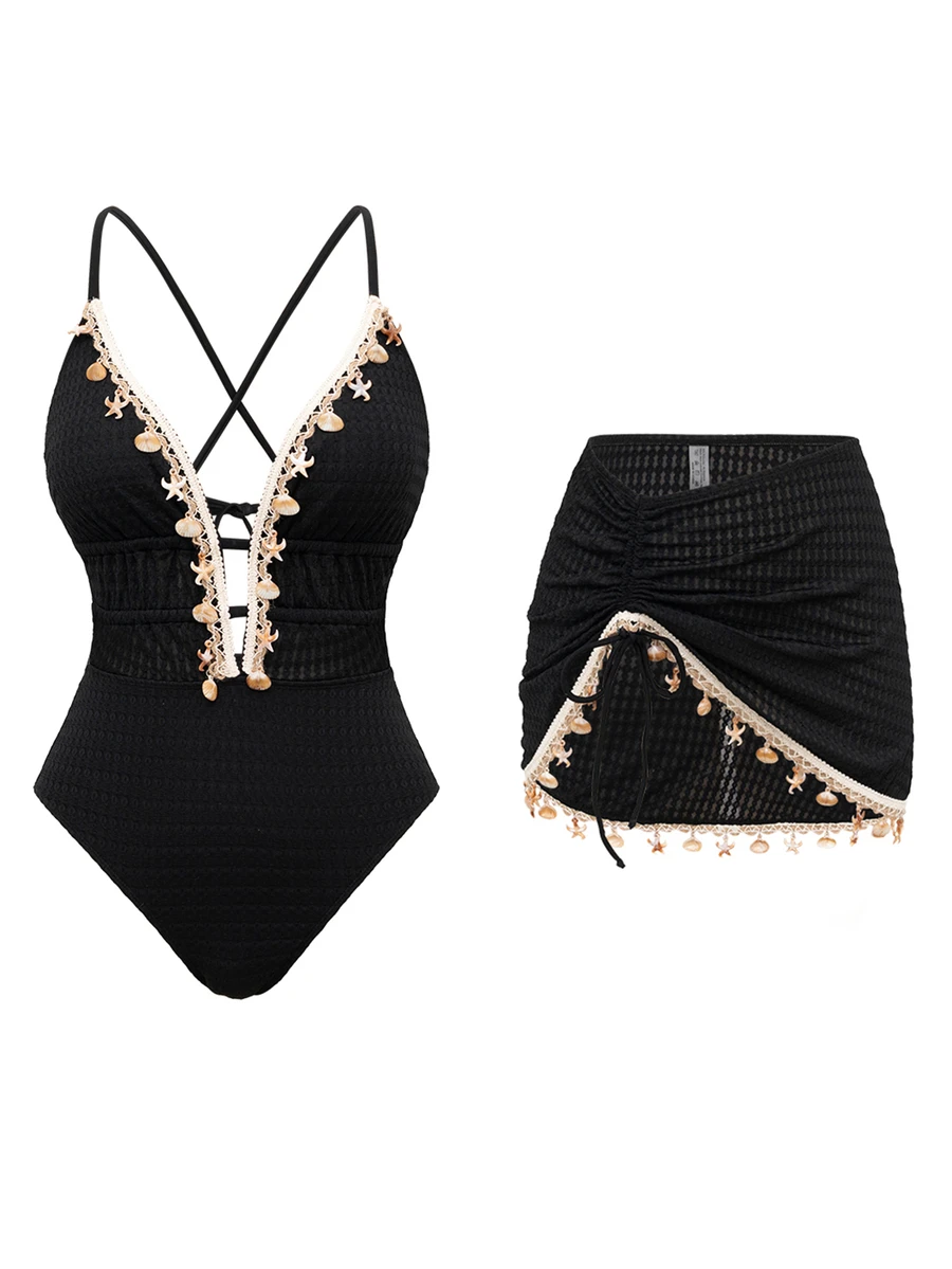 Swim Oasis Women Solid Color Spaghetti Strap Front Shell Chain Decor Two Pieces Swimsuit,Black And Beige,Summer,Casual,Beach,Holiday,Vacation,Holiday Pool Outfit - Black - View 1