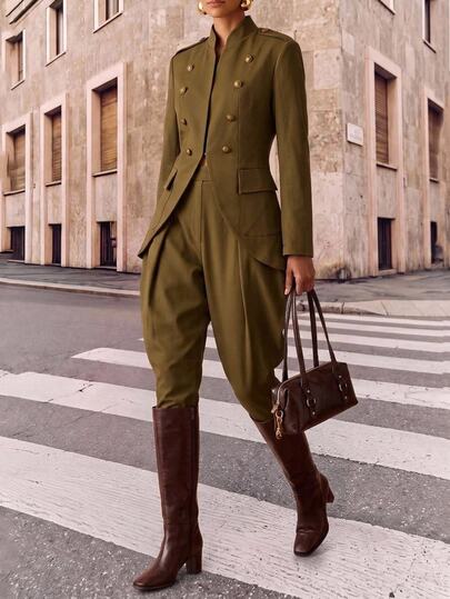 Zivah Early Autumn New Arrival Women's Casual Streetwear All-Match Versatile Suit Set, Country Style Commuter Riding Outfit For Holiday Outings And Office Wear, Stand Collar Button Decor Double-Breasted Long Sleeve Jacket And Elastic Waistband Long Pants With Pockets, Dark Brown 2 Pieces Set