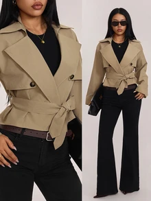 SHEIN PETITE Women's Long Sleeve Lapel Collar Belt & Button Decor Casual Jacket - Camel - View 11