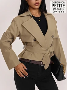 SHEIN PETITE Women's Long Sleeve Lapel Collar Belt & Button Decor Casual Jacket - Camel - View 10
