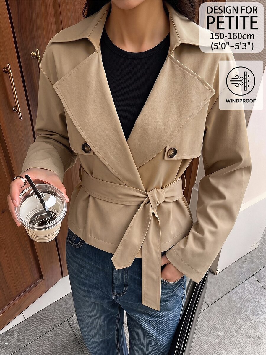 SHEIN PETITE Women's Long Sleeve Lapel Collar Belt & Button Decor Casual Jacket - Camel - View 1