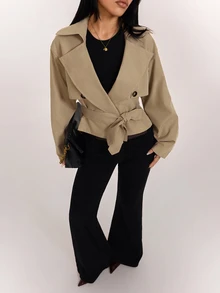 SHEIN PETITE Women's Long Sleeve Lapel Collar Belt & Button Decor Casual Jacket - Camel - View 8