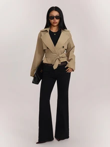 SHEIN PETITE Women's Long Sleeve Lapel Collar Belt & Button Decor Casual Jacket - Camel - View 7