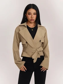 SHEIN PETITE Women's Long Sleeve Lapel Collar Belt & Button Decor Casual Jacket - Camel - View 4