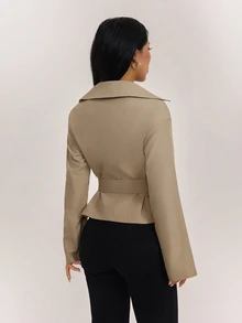 SHEIN PETITE Women's Long Sleeve Lapel Collar Belt & Button Decor Casual Jacket - Camel - View 2