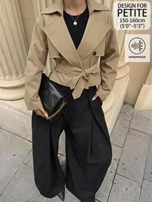 SHEIN PETITE Women's Long Sleeve Lapel Collar Belt & Button Decor Casual Jacket - Camel - View 9