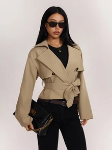 SHEIN PETITE Women's Long Sleeve Lapel Collar Belt & Button Decor Casual Jacket - Camel - View 5