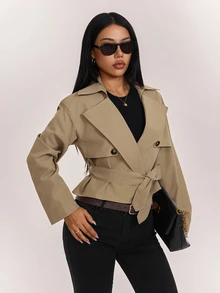 SHEIN PETITE Women's Long Sleeve Lapel Collar Belt & Button Decor Casual Jacket - Camel - View 6