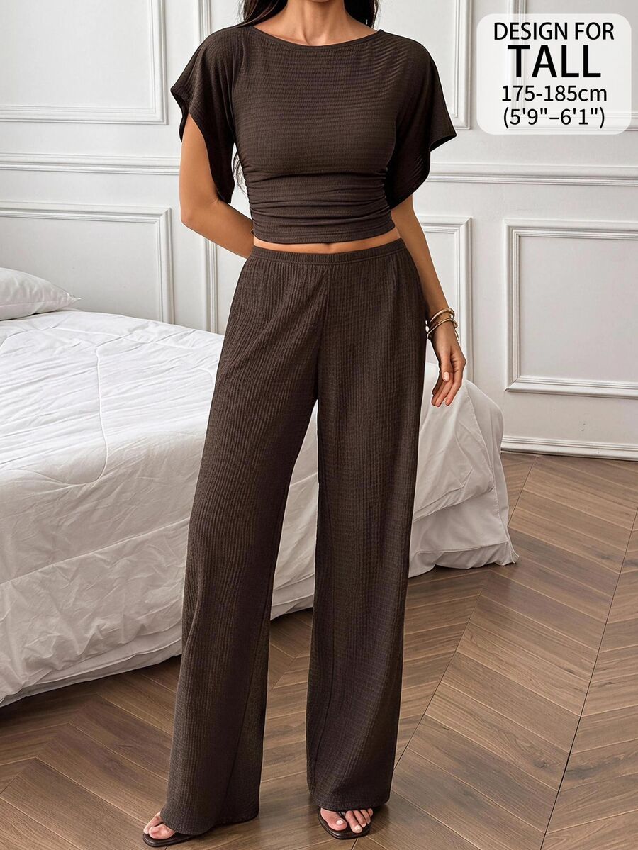 SHEIN Tall Women's Solid Color Round Neck Batwing Sleeve Top And Long Pants Casual Set - Brown - View 1