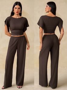 SHEIN Tall Women's Solid Color Round Neck Batwing Sleeve Top And Long Pants Casual Set - Brown - View 9