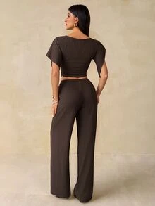 SHEIN Tall Women's Solid Color Round Neck Batwing Sleeve Top And Long Pants Casual Set - Brown - View 2