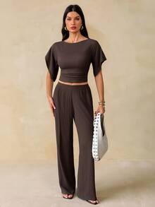 SHEIN Tall Women's Solid Color Round Neck Batwing Sleeve Top And Long Pants Casual Set - Brown - View 7