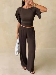 SHEIN Tall Women's Solid Color Round Neck Batwing Sleeve Top And Long Pants Casual Set - Brown - View 6