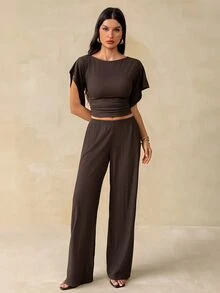 SHEIN Tall Women's Solid Color Round Neck Batwing Sleeve Top And Long Pants Casual Set - Brown - View 4