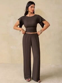 SHEIN Tall Women's Solid Color Round Neck Batwing Sleeve Top And Long Pants Casual Set - Brown - View 3