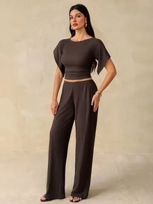 SHEIN Tall Women's Solid Color Round Neck Batwing Sleeve Top And Long Pants Casual Set - Brown - View 8