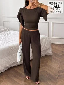 SHEIN Tall Women's Solid Color Round Neck Batwing Sleeve Top And Long Pants Casual Set - Brown - View 12