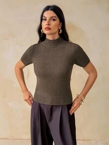 SHEIN Tall Women's Solid Color Casual Daily Knit Top - Brown - View 7