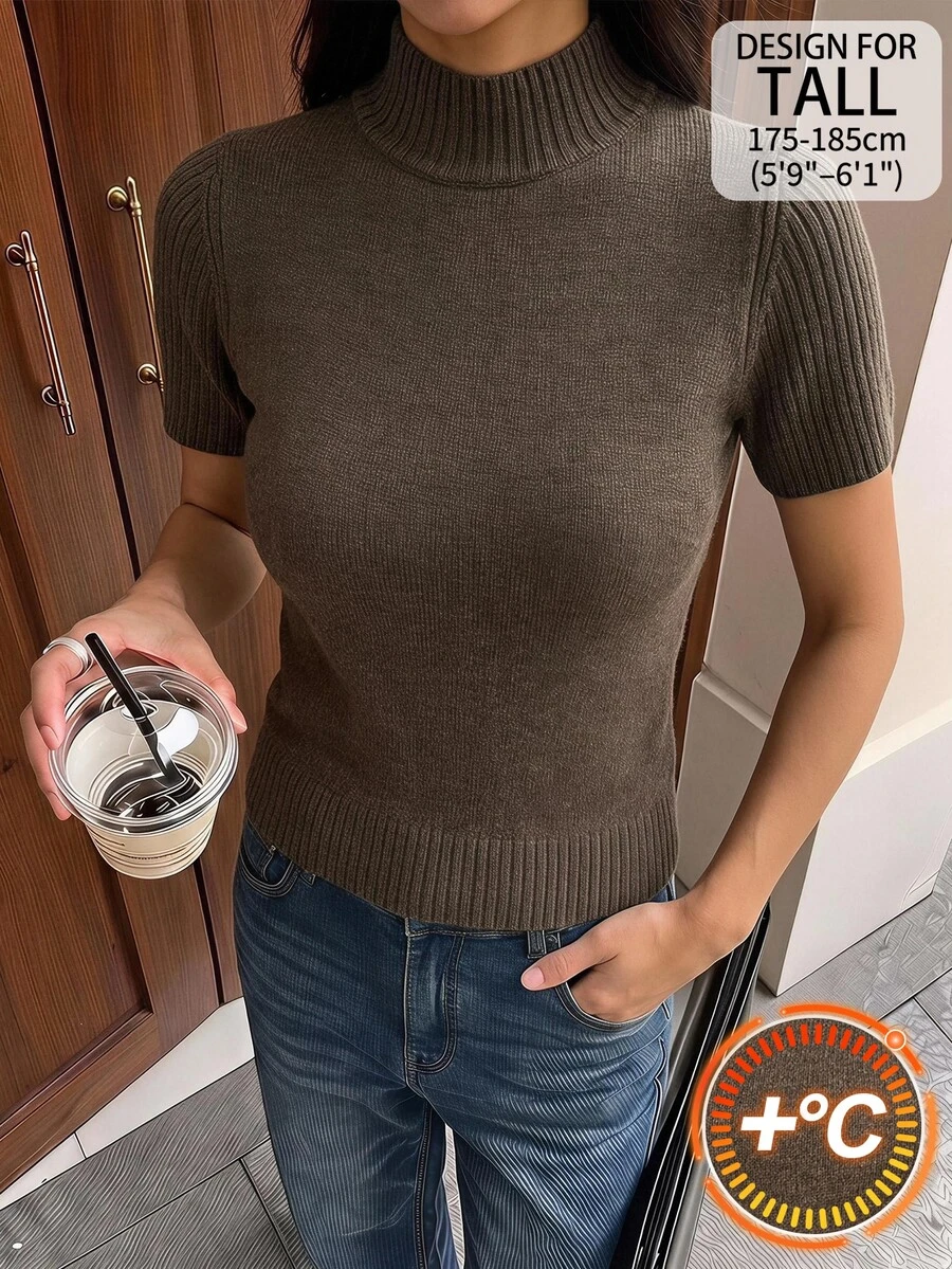SHEIN Tall 女款素色休閒日常針織上衣 - 棕色 - 查看 1