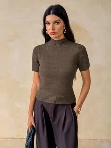 SHEIN Tall Women's Solid Color Casual Daily Knit Top - Brown - View 4